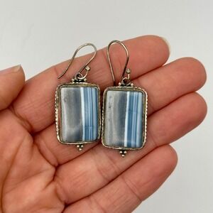 Natural Blue Opal Peruvian Dangle Earrings Sterling Silver Striped Statement